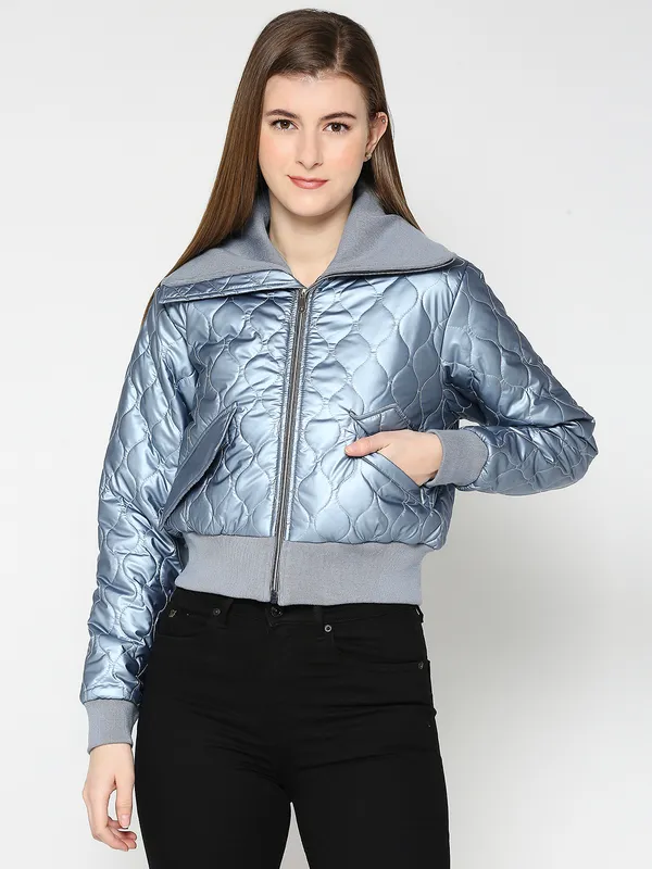 Being Human Semi Fit Crop Bomber Women Collared Jackets-Steel Blue